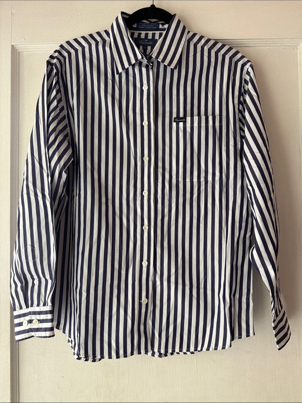 Vintage Faconnable Navy and White Stripe Dress Shirt with USA Flag